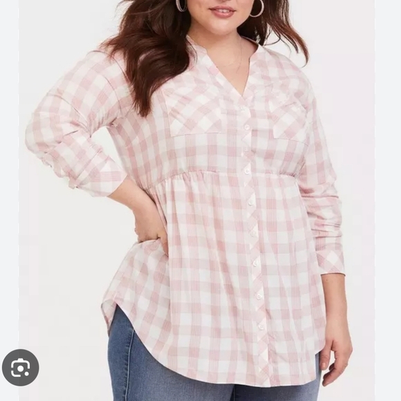Torrid Pastel Large Emma Pink and White Plaid Button Down Babydoll Blouse - Picture 1 of 9